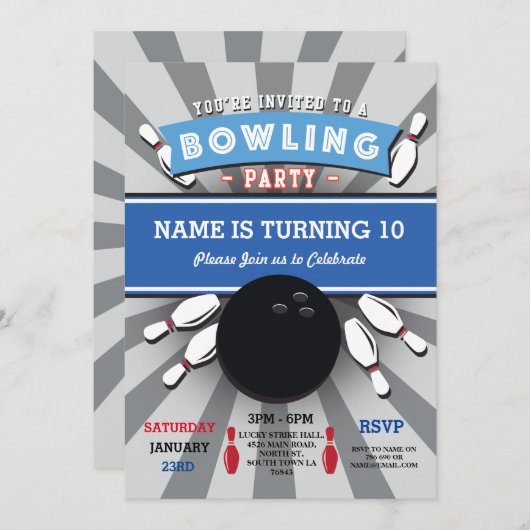 ボーリングバースデーパーティーテンピンボーイズガールズ招待状 招待状 (正面/裏面)
