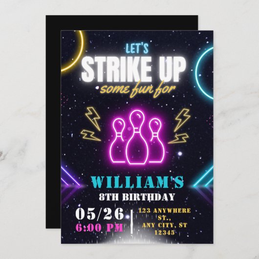 ボーリングパーティの招待状、ボーイボーリング誕生日 招待状 (正面/裏面)