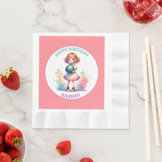 ボーリングパーティーガールズアニメ誕生日 パーソナライズされた 縁ありランチョンナプキン (インサイチュ)