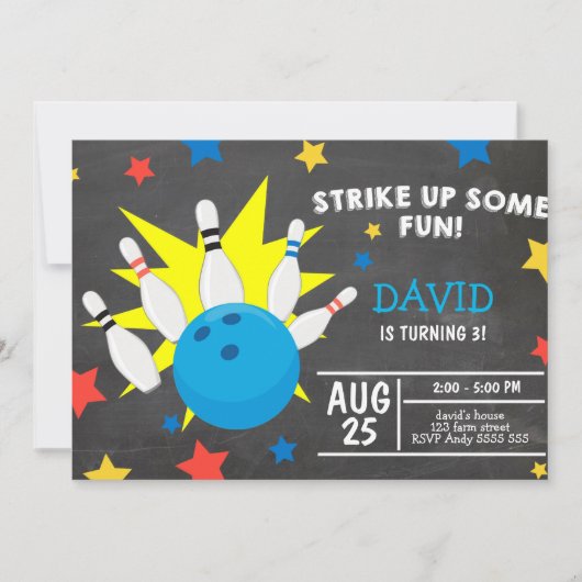 ボーリングパーティーシャルボードストライクアップおもしろい誕生日 招待状 (正面)