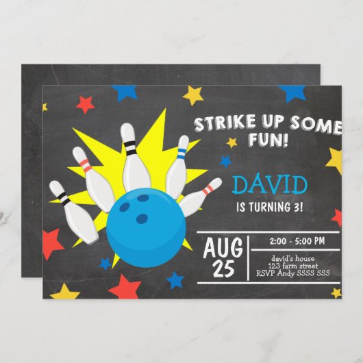 ボーリングパーティーシャルボードストライクアップおもしろい誕生日 招待状 (正面/裏面)