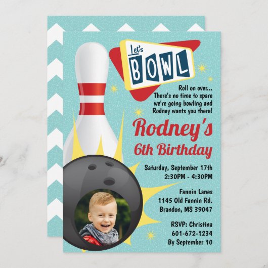ボーリングパーティーレトロテンピン(写真付き) 招待状 (正面/裏面)