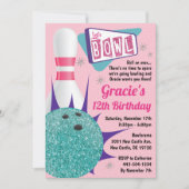 ボーリングパーティーレトロピンク&ティール（緑がかった色）テンピン 招待状 (正面)