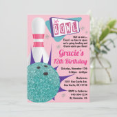 ボーリングパーティーレトロピンク&ティール（緑がかった色）テンピン 招待状 (スタンド正面)