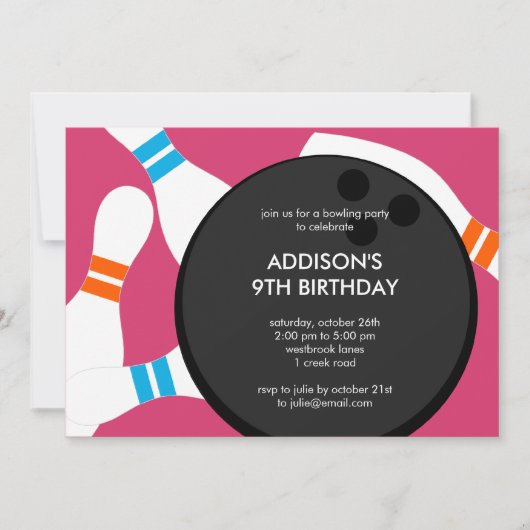 ボーリングパーティー誕生日パーティーの招待-ピンク 招待状 (正面)