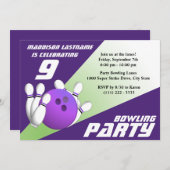 ボーリングパーティー誕生日紫と緑 招待状 (正面/裏面)