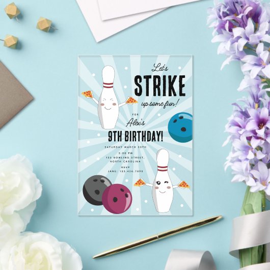 ボーリングピザストライクアップいくつかのおもしろい子供の誕生日 アクリル招待状 (インサイチュ (ウェディング))