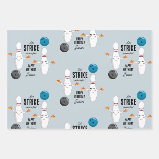 ボーリングピザストライクアップいくつかのおもしろい子供の誕生日 ラッピングペーパーシート (正面2)