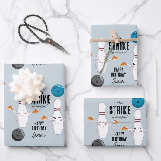 ボーリングピザストライクアップいくつかのおもしろい子供の誕生日 ラッピングペーパーシート (正面)