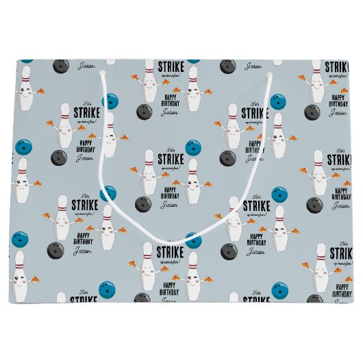 ボーリングピザストライクアップいくつかのおもしろい子供の誕生日 ラージペーパーバッグ (正面)
