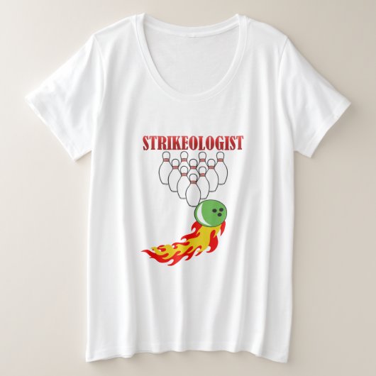 ボーリングピンとボール(STRIKEOLOGIST) プラスサイズTシャツ (デザイン正面)