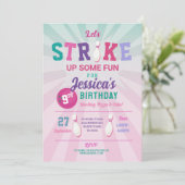 ボーリングピンクストライクおもしろいボウルガールズ誕生日 招待状 (スタンド正面)