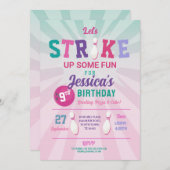 ボーリングピンクストライクおもしろいボウルガールズ誕生日 招待状 (正面/裏面)