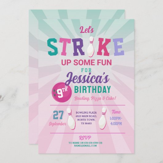 ボーリングピンクストライクおもしろいボウルガールズ誕生日 招待状 (正面/裏面)