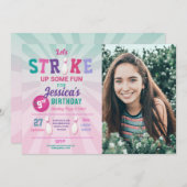 ボーリングピンクストライクフォトボウルガールズ誕生日 招待状 (正面/裏面)
