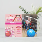 ボーリングフォトストライクおもしろいボウルピンクガールズ誕生日 招待状 (スタンド正面)