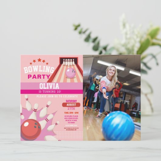ボーリングフォトストライクおもしろいボウルピンクガールズ誕生日 招待状 (スタンド正面)