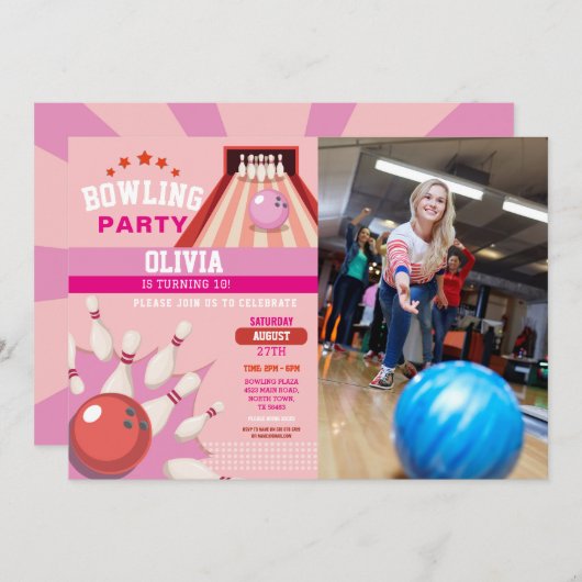 ボーリングフォトストライクおもしろいボウルピンクガールズ誕生日 招待状 (正面/裏面)