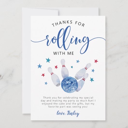 ボーリングブルー感謝してい転が誕生日 サンキューカード (正面)