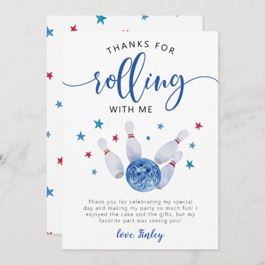 ボーリングブルー感謝してい転が誕生日 サンキューカード (正面/裏面)