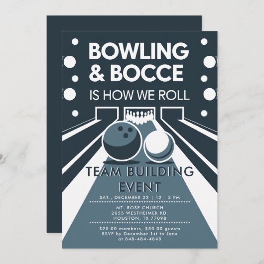 ボーリングボッチェチーム建物教会ビジネスブルー 招待状 (正面/裏面)
