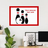 ボーリングボールとピン黒の赤カスタムいボール ポスター (ホームオフィス)