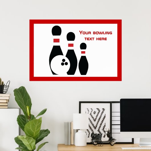 ボーリングボールとピン黒の赤カスタムいボール ポスター (ホームオフィス)