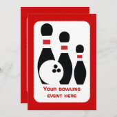 ボーリングボールとピン黒の赤カスタムいボール 招待状 (正面/裏面)