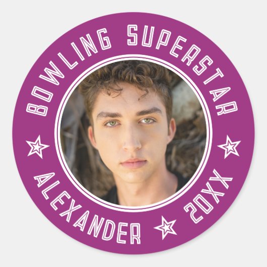 ボーリングモダンスーパースターパープルピンク名写真 ラウンドシール (正面)