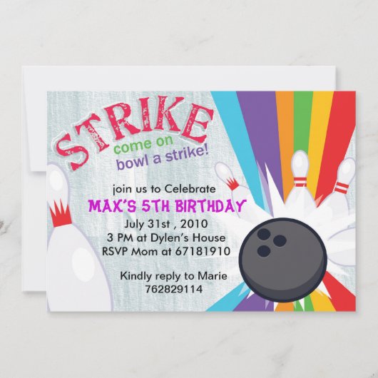 ボーリングラッキーレインボーストライクバースデーパーティー招待状 招待状 (正面)