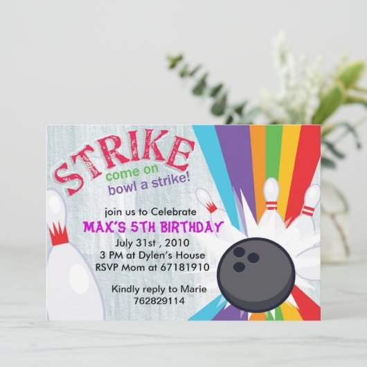 ボーリングラッキーレインボーストライクバースデーパーティー招待状 招待状 (スタンド正面)