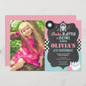 ボーリングロックとロールガールの誕生日写真 招待状 (正面/裏面)