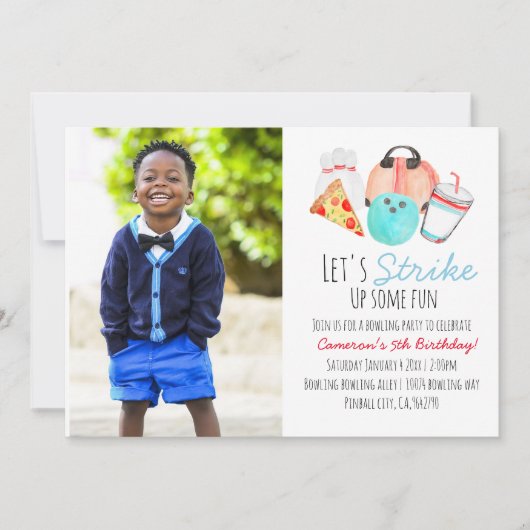 ボーリング子供の誕生日パーティーの写真招待状 招待状 (正面)