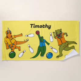 ボーリング恐竜マンガパーソナライズされたボウリングをする人、 クリケットの投手 ビーチタオル