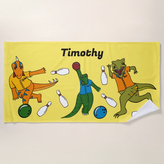 ボーリング恐竜マンガパーソナライズされたボウリングをする人、 クリケットの投手 ビーチタオル (正面)