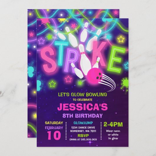 ボーリング招待状グローネオンボーリング誕生日 招待状 (正面/裏面)