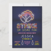 ボーリング招待状バースデーパーティーネオンピンクストライク 招待状 (正面)