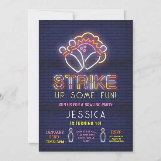 ボーリング招待状バースデーパーティーネオンピンクストライク 招待状 (正面)