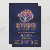 ボーリング招待状バースデーパーティーネオンピンクストライク 招待状 (正面/裏面)