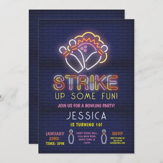 ボーリング招待状バースデーパーティーネオンピンクストライク 招待状 (正面/裏面)