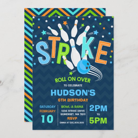 ボーリング招待状ボーリング誕生会ストライキ 招待状 (正面/裏面)