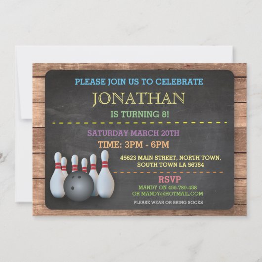 ボーリング招待状招待状レッツボールチャルクボード 招待状 (正面)
