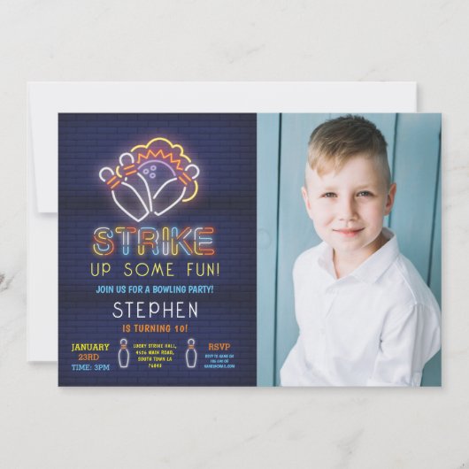 ボーリング招待状誕生会ネオン写真ストライキ 招待状 (正面)