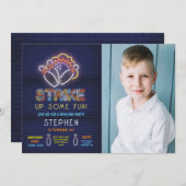 ボーリング招待状誕生会ネオン写真ストライキ 招待状 (正面/裏面)