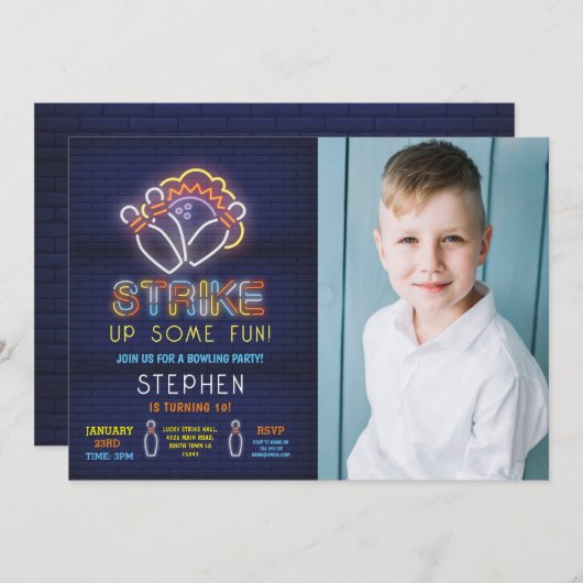 ボーリング招待状誕生会ネオン写真ストライキ 招待状 (正面/裏面)