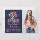 ボーリング招待状誕生会ネオン写真ストライキ 招待状 (正面)