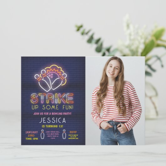 ボーリング招待状誕生会ネオン写真ストライキ 招待状 (スタンド正面)
