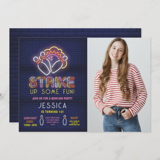ボーリング招待状誕生会ネオン写真ストライキ 招待状 (正面/裏面)