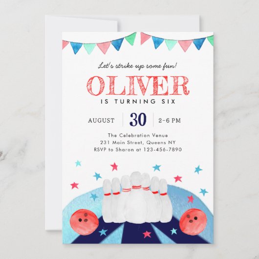 ボーリング男の子の誕生日パーティーいくつかのおもしろい 招待状 (正面)