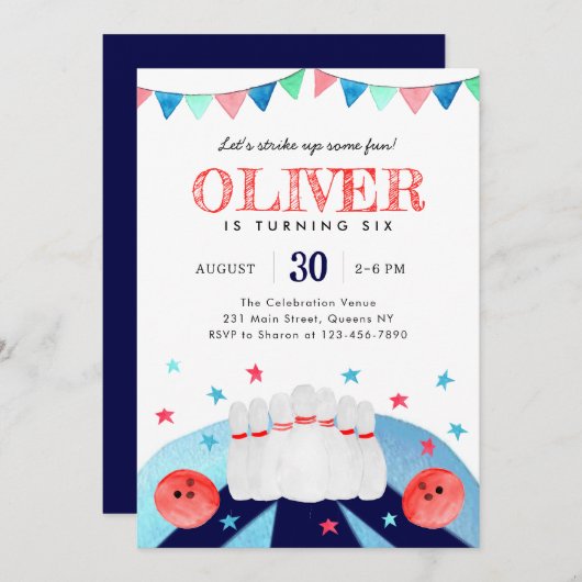 ボーリング男の子の誕生日パーティーいくつかのおもしろい 招待状 (正面/裏面)
